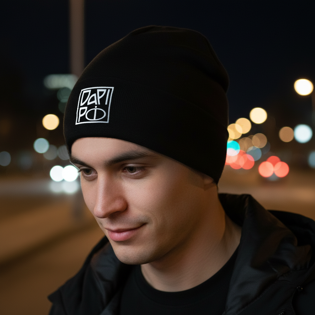 Musta DaPipo-pipo heijastinlogolla nuoren miehen päässä iltavalaistussa kaupunkiympäristössä. Damaski, kotimainen.