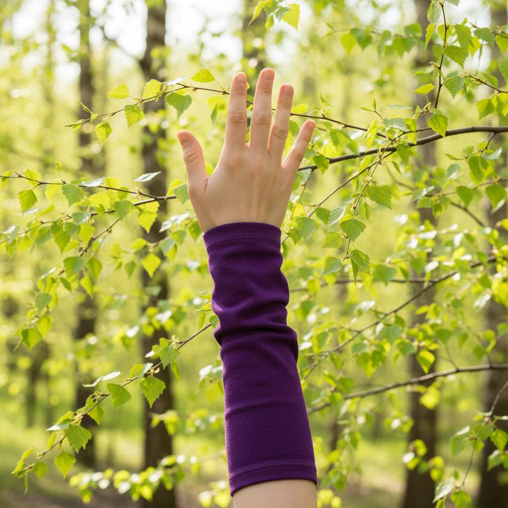 Luumu Kyynäräiset-merinovillalämmitin käsivarressa vihreän luonnon keskellä. Damaski, merinovilla.