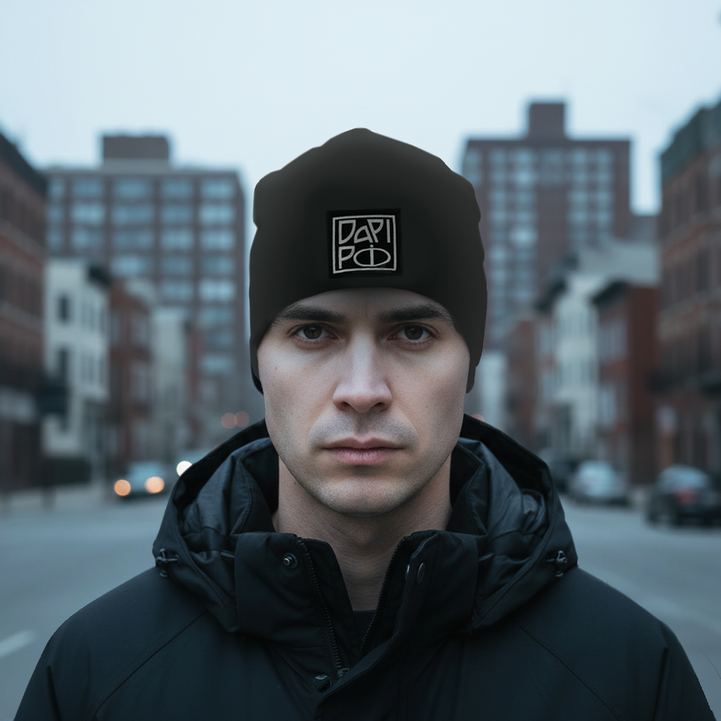 Musta DaPipo luomupuuvillainen trikoopipo heijastinlogolla nuoren miehen päässä kaupunkiympäristössä, taustalla kerrostaloja ja talvista ilmaa. Damaski.
