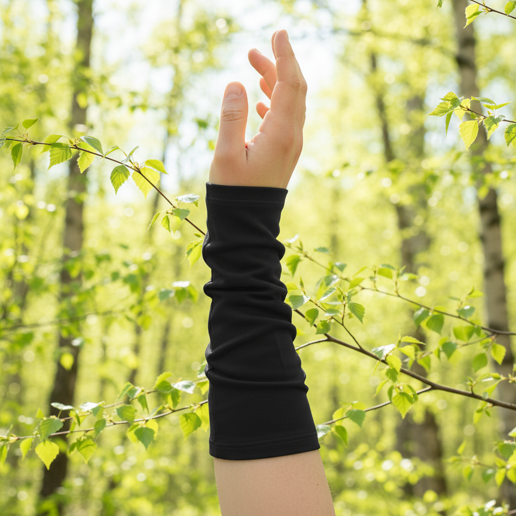 Musta Kyynäräiset-merinovillalämmitin käsivarressa, metsäisessä luonnonvalossa. Damaski, kotimainen merinovilla.