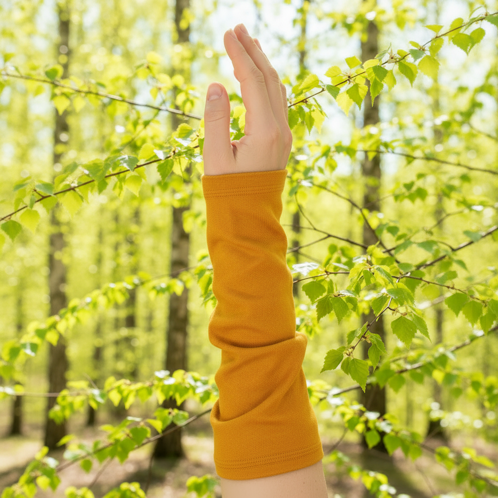 Okra Kyynäräiset-merinovillalämmitin käsivarressa ulkona luonnonvalossa. Damaski, merinovilla.
