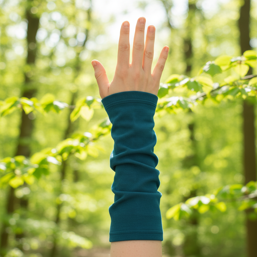 Petroolin värinen Kyynäräiset-merinovillalämmitin käsivarressa, taustalla keväinen metsä. Damaski, merinovilla.
