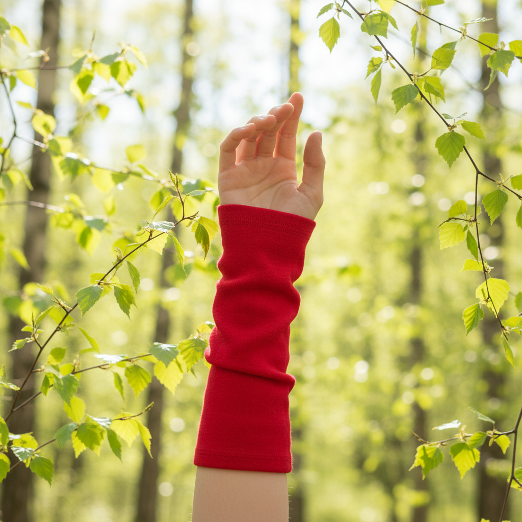 Punaiset Kyynäräiset-merinovillalämmittimet käsivarressa, vihreä lehtimetsä taustalla. Damaski, kotimainen.