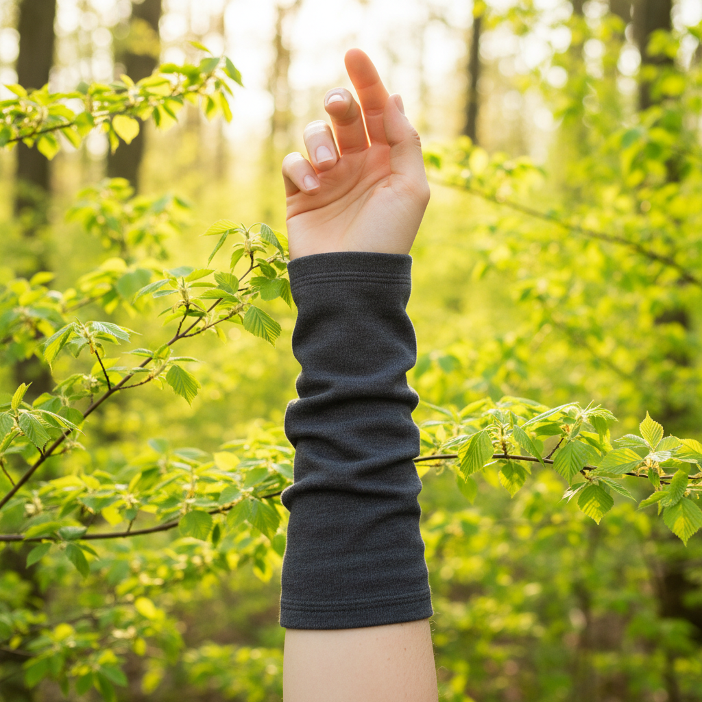 Tummanharmaat Kyynäräiset-merinovillalämmittimet käsivarressa metsäisessä valossa. Damaski, kotimainen.
