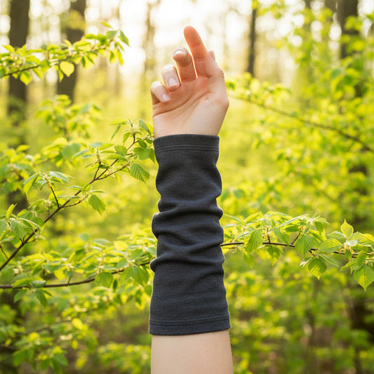Tummanharmaat Kyynäräiset-merinovillalämmittimet käsivarressa metsäisessä valossa. Damaski, kotimainen.
