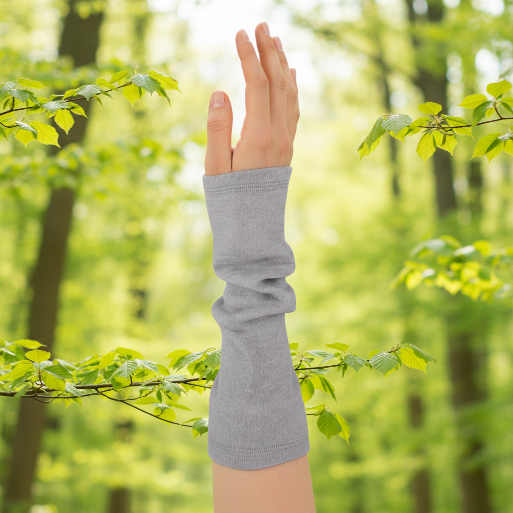 Vaaleanharmaat Kyynäräiset-merinovillalämmittimet käsivarressa pehmeässä luonnonvalossa. Damaski, kotimainen.
