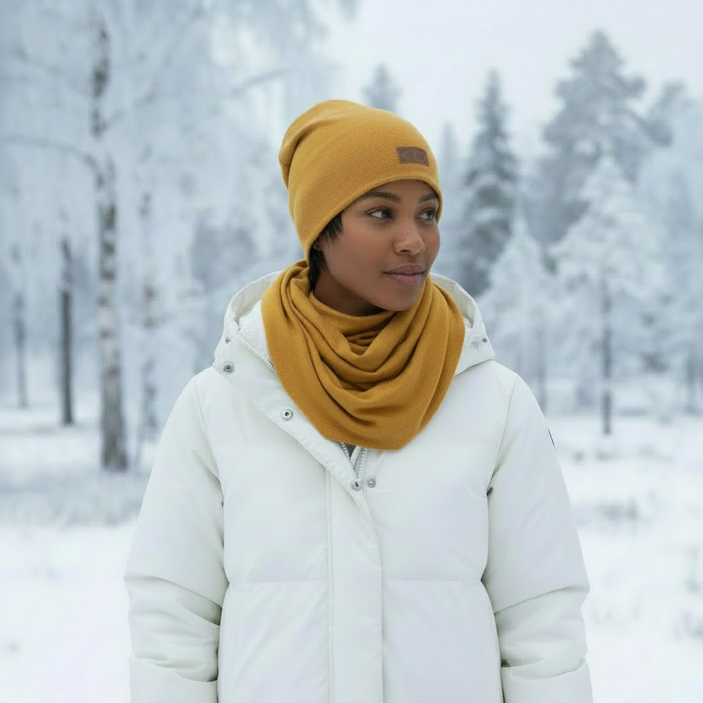 Okrankeltainen merinokaulahuivi mallin kaulassa talvisessa metsämaisemassa, lämmin ja hehkuva sävy. Damaski, kotimainen.
