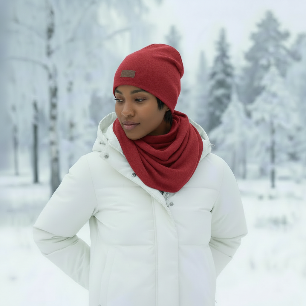 Punainen merinovillainen kaulahuivi mallin kaulassa talvisessa maisemassa. Damaski, kotimainen.
