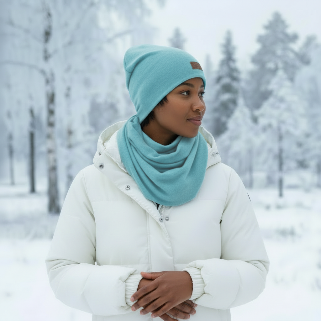 Vaaleanturkoosi merinokaulahuivi mallin kaulassa, taustalla luminen metsä. Damaski, merinovilla.
