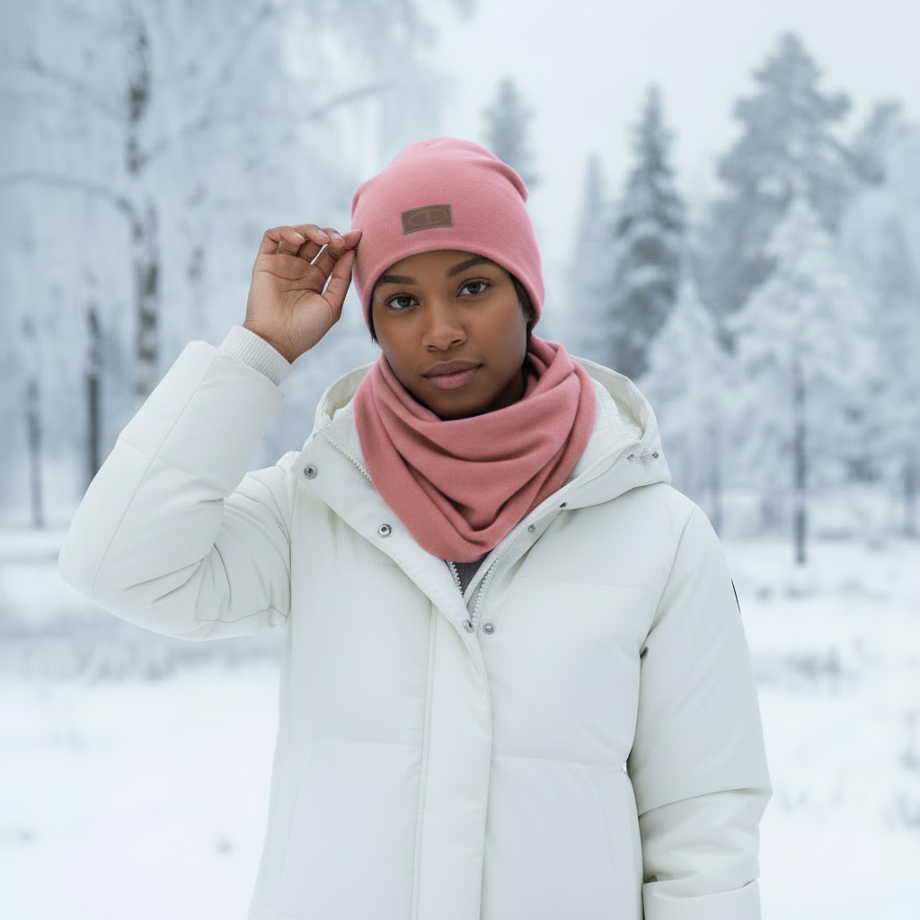 Vispipuuro­nvärinen merinokaulahuivi mallin kaulassa talvisessa maisemassa, pehmeä ja lämmin sävy. Damaski, merinovilla.
