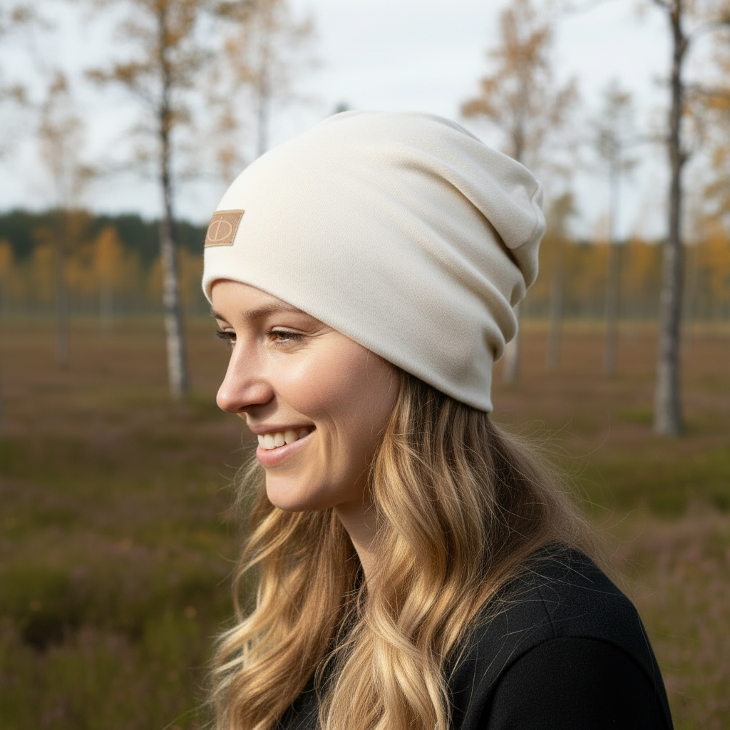 Luonnonvalkoinen merinovillapipo naisen päässä syksyisessä metsämaisemassa. Damaski, kotimainen.
