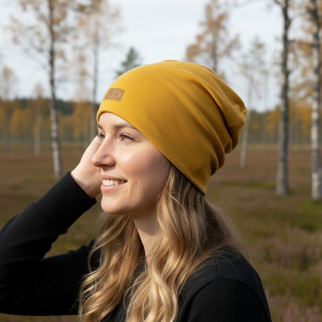 Okrankeltainen merinovillapipo naisen päässä, hymyilevä profiili syksyisessä luonnossa. Damaski, kotimainen.
