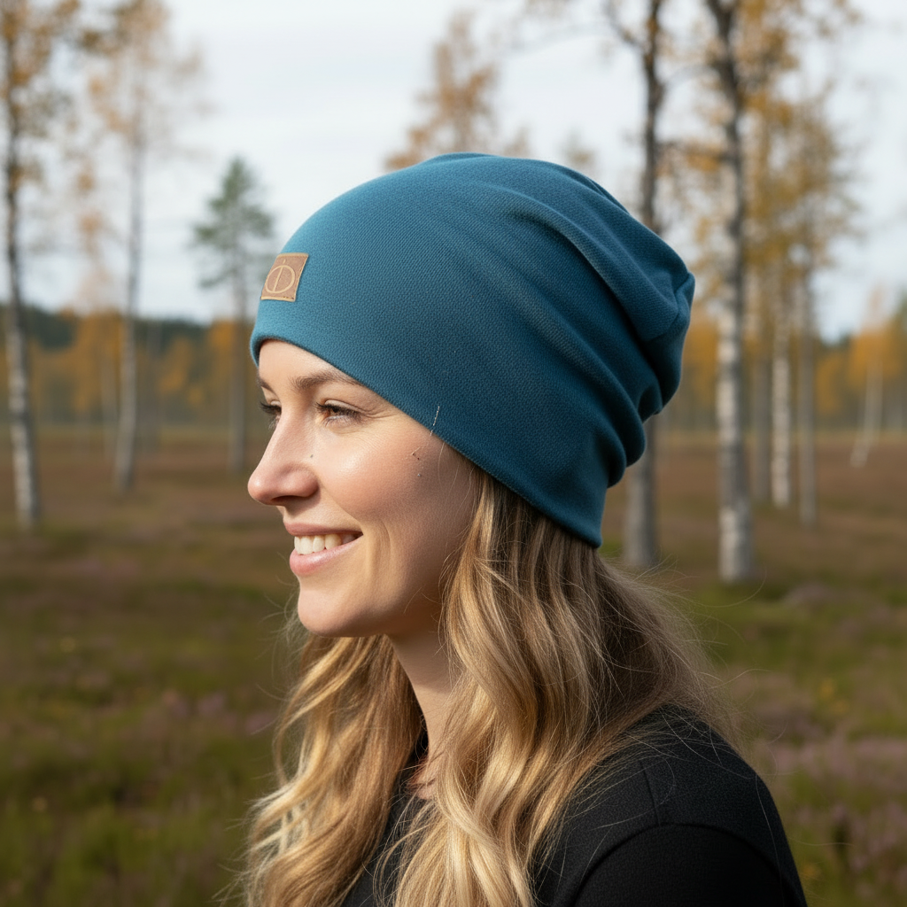 Petroolin värinen merinovillapipo naisen päässä ulkokuvassa, taustalla puustoa. Damaski, merinovilla.
