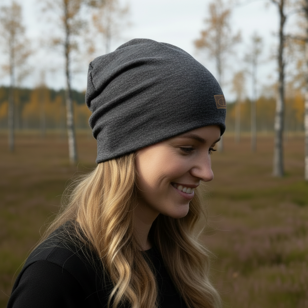 Tummanharmaa merinovillapipo naisen profiilissa, taustalla ruskea ja vihreä maisema. Damaski, kotimainen.
