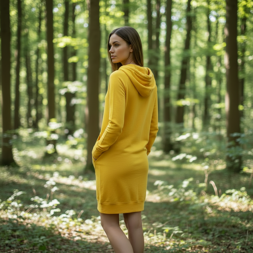 Hunajankeltainen merinovillainen hupparimekko mallin yllä metsässä, lämmin sävy ja huppariyksityiskohdat. Damaski, kotimainen.
