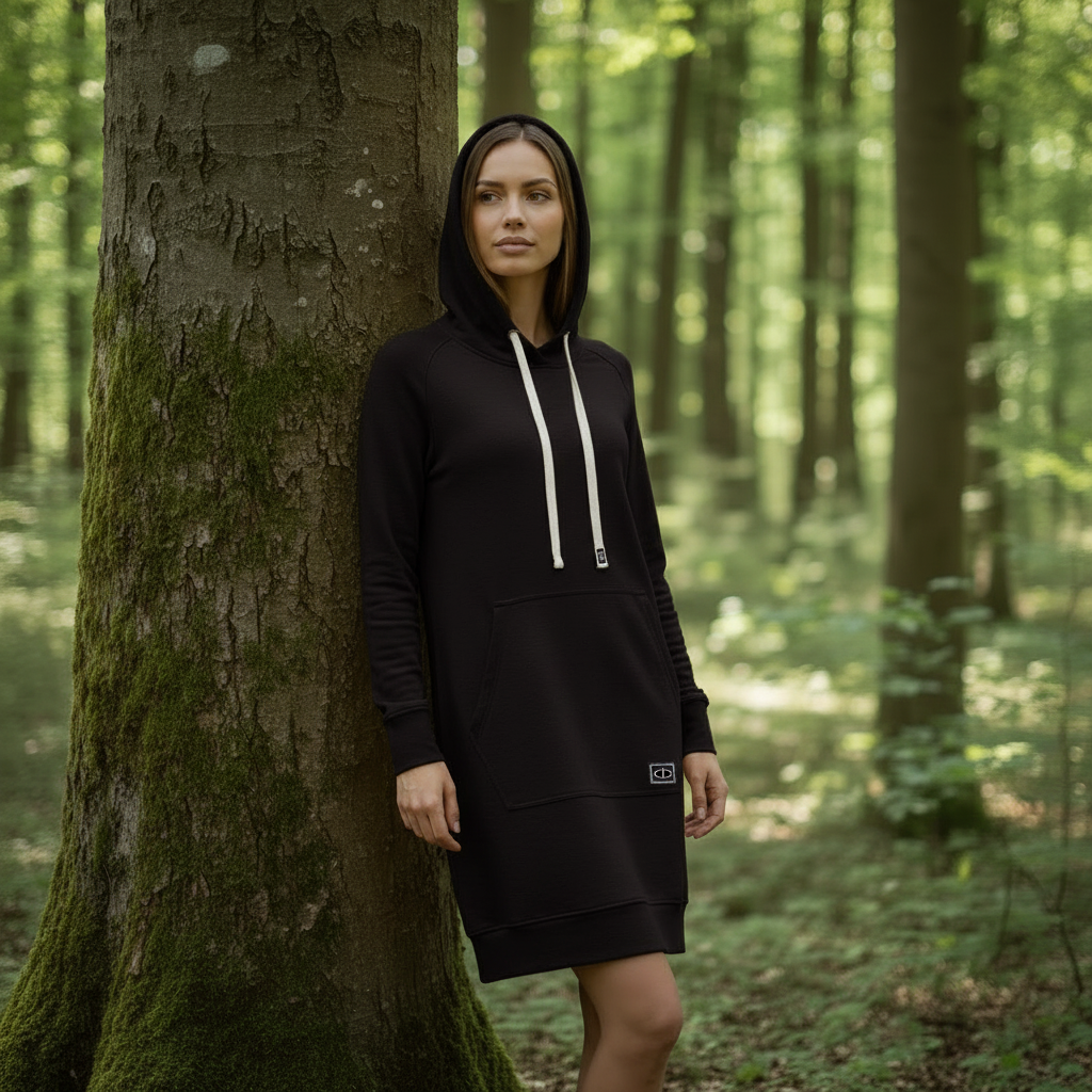 Musta merinovillainen hupparimekko mallin yllä metsämaisemassa, rento istuvuus ja huppu. Damaski, kotimainen.
