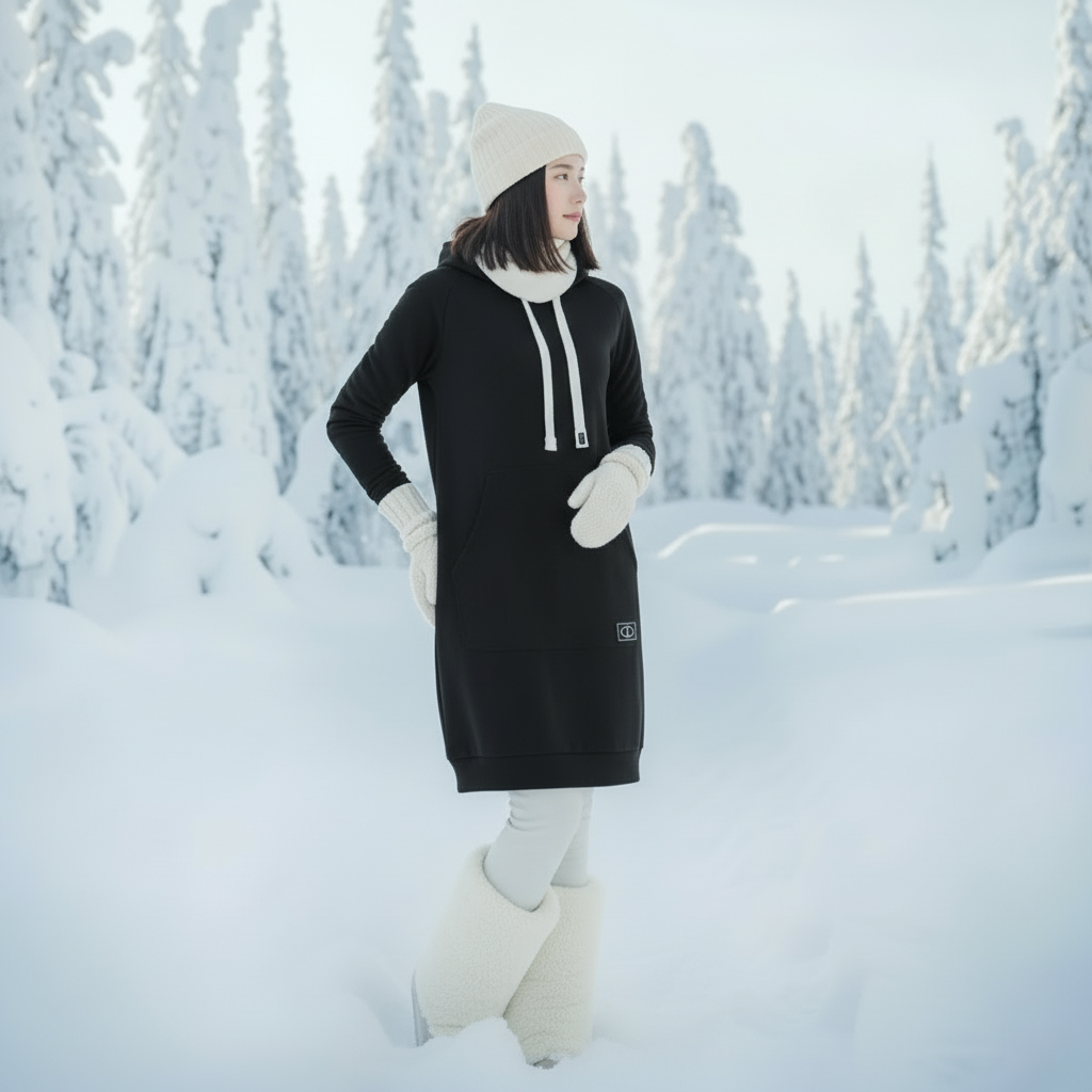 Musta merinovillainen hupparimekko talvisessa metsämaisemassa, pehmeä merinoneulos ja rento istuvuus. Damaski, merinovilla.
