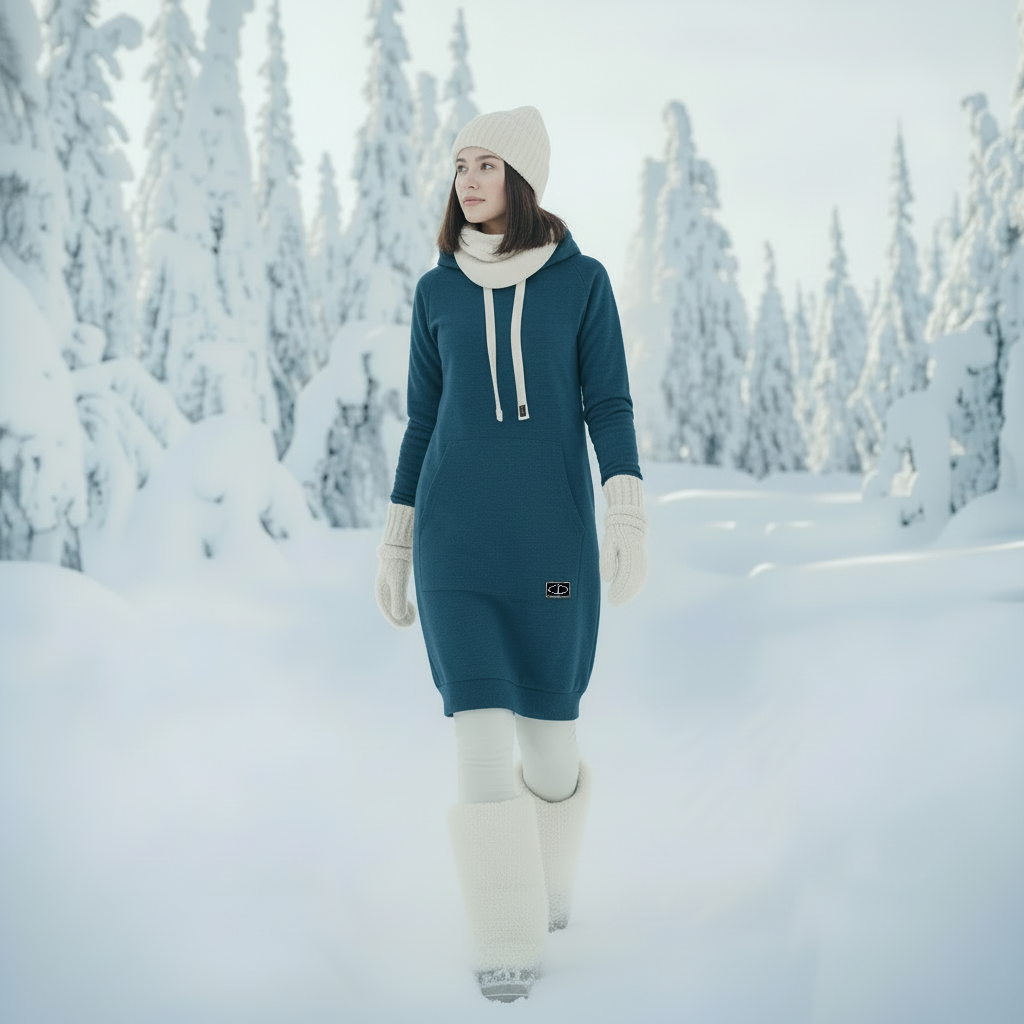 Petroolinsininen merinovillainen hupparimekko Damaskilta. Malli kävelee lumisessa pohjoismaisessa metsässä, päällä kevyt neuloksinen merinovillamekko hupulla. Pehmeä, mattapintainen merinovilla laskeutuu luonnollisesti ja sopii ympärivuotiseen käyttöön.
