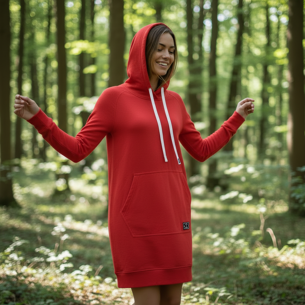 Punainen merinovillainen hupparimekko mallin yllä metsässä, energinen väri ja huppu. Damaski, kotimainen.
