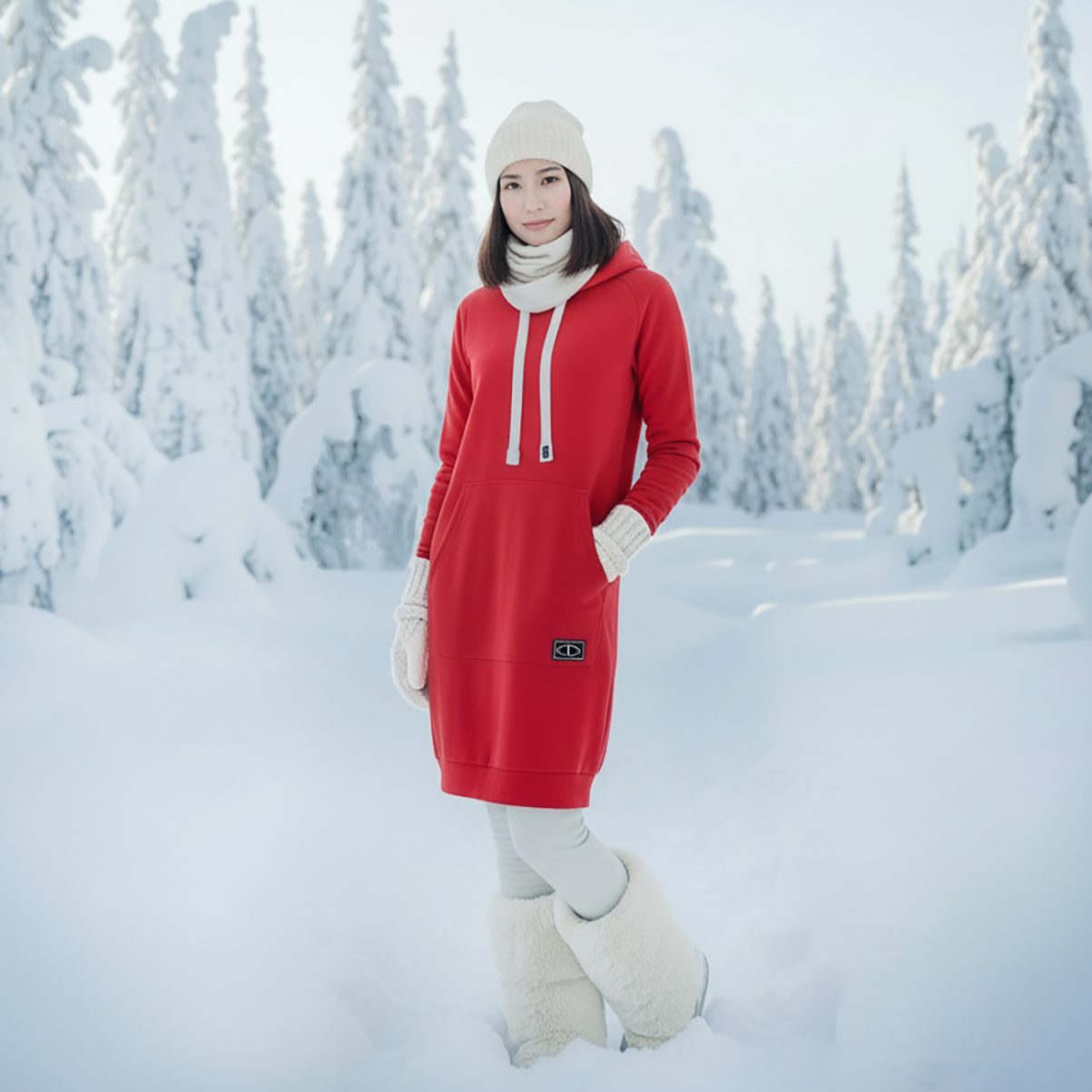 Punainen merinovillainen hupparimekko talvimaisemassa, pitkä helma ja pehmeä merinovilla. Damaski, merinovilla.
