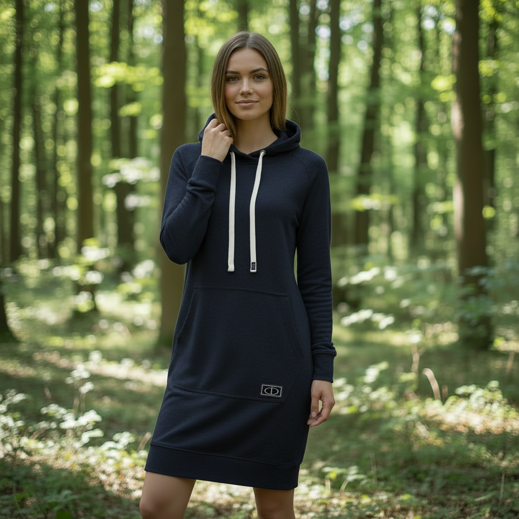 Tummansininen merinovillainen hupparimekko mallin yllä metsämaisemassa, huppu ja pitkät hihat. Damaski, kotimainen.
