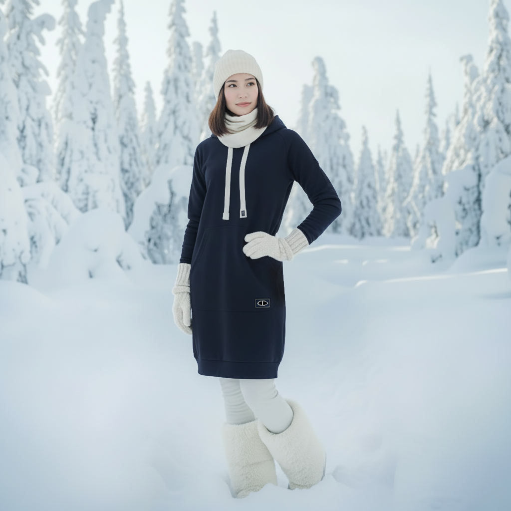 Tummansininen merinovillainen hupparimekko talvisessa metsässä, rento istuvuus ja merinoneulos. Damaski, merinovilla.
