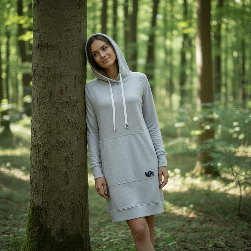 Vaalea meleerattu harmaa merinovillainen hupparimekko mallin yllä metsässä, vaalea sävy ja huppu. Damaski, kotimainen.
