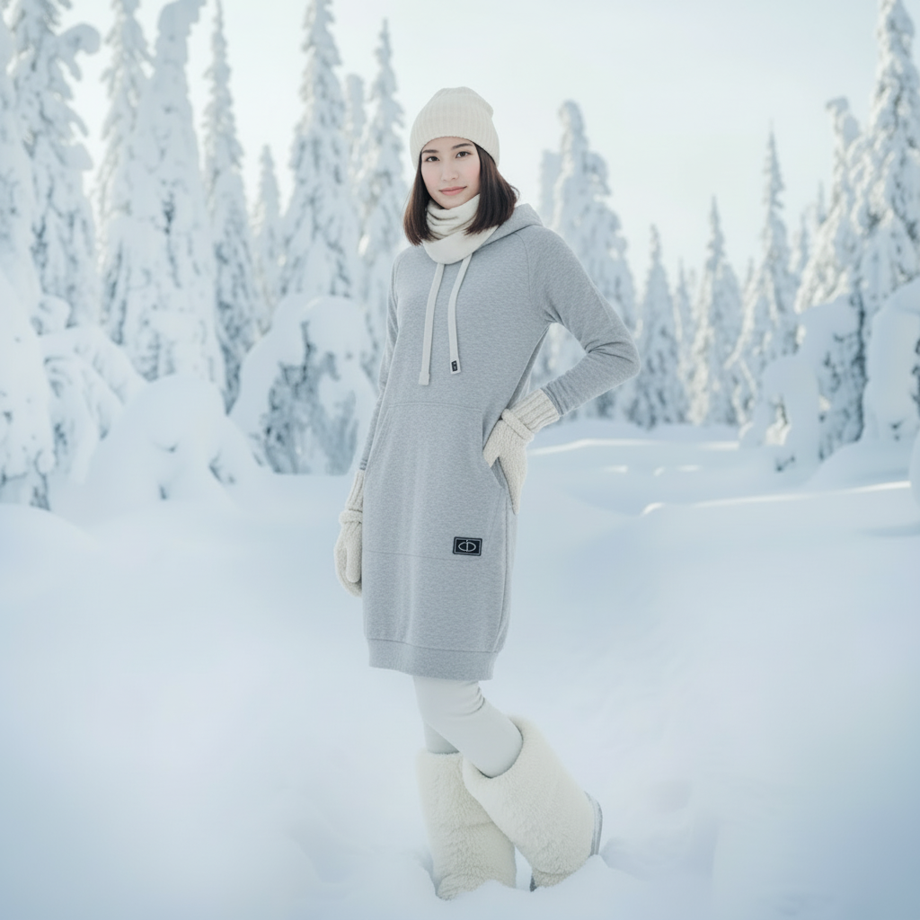 Vaalea meleerattu harmaa merinovillainen hupparimekko lumisessa metsässä, vaalea sävy ja huppu. Damaski, kotimainen.
