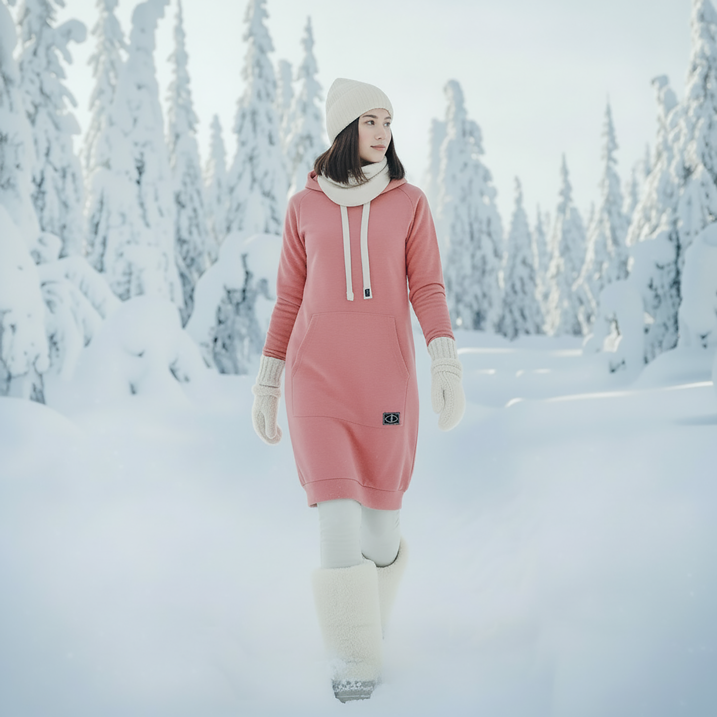 Vispipuuro-sävyinen merinovillainen hupparimekko Damaskilta, pehmeä ja lämmin mekko talviseen ulkoiluun ja arkeen lumisessa maisemassa.
