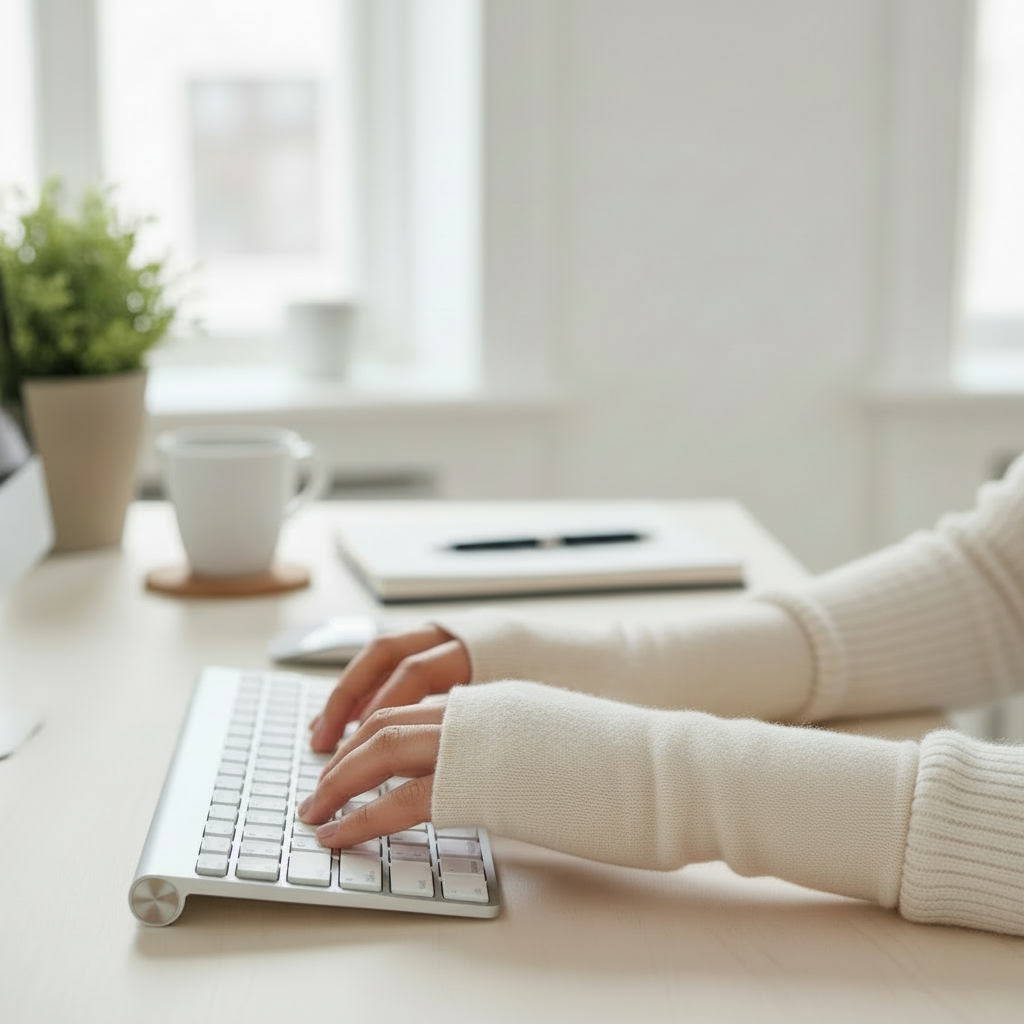 Luonnonvalkoiset merinovillaiset ranteenlämmittimet käsissä työpöydän äärellä, vaalea sävy ja pehmeä neulos. Damaski, kotimainen.
