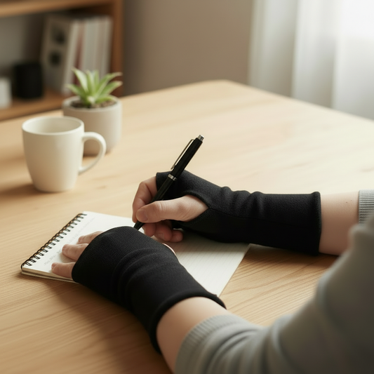 Mustat merinovillaiset ranteenlämmittimet käsissä työpöydän äärellä, pehmeä ja lämmin neulos arjen käyttöön. Damaski, kotimainen.
