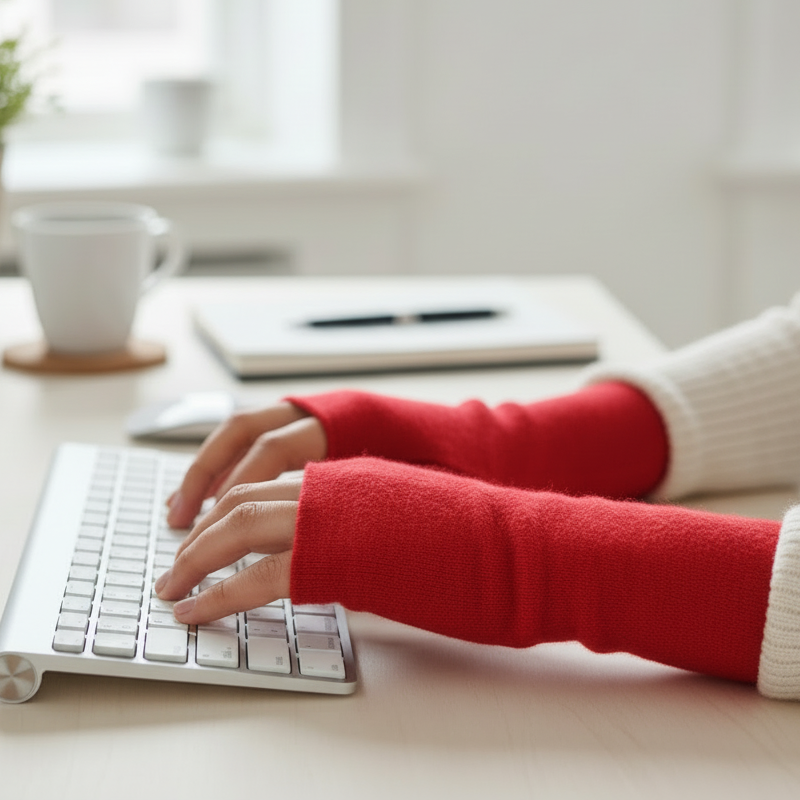 Punaiset merinovillaiset ranteenlämmittimet käsissä näppäimistön äärellä, pehmeä ja lämmin neulos työskentelyyn. Damaski, kotimainen.
