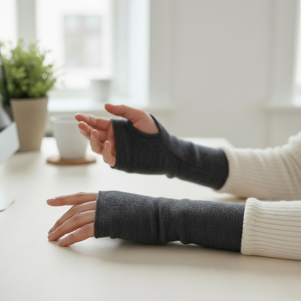 Tumma meleerattu harmaa merinovillainen ranteenlämmittimet käytössä sisätiloissa kirjoittamisen aikana, joustava ja hengittävä merinovilla. Damaski, merinovilla.

