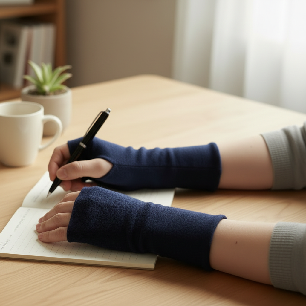 Tummansiniset merinovillaiset ranteenlämmittimet käytössä kirjoittavan henkilön käsissä työpöydän ääressä – pehmeää kotimaista merinovillaa Damaskilta