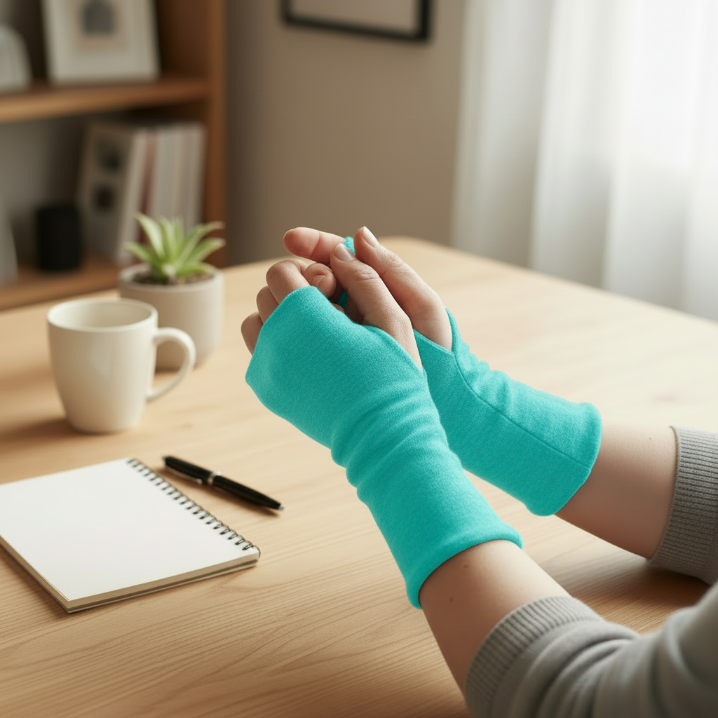 Turkoosit merinovillaiset ranteenlämmittimet sisäkäytössä, lämmin ja miellyttävä merinovilla käsissä. Damaski, merinovilla.
