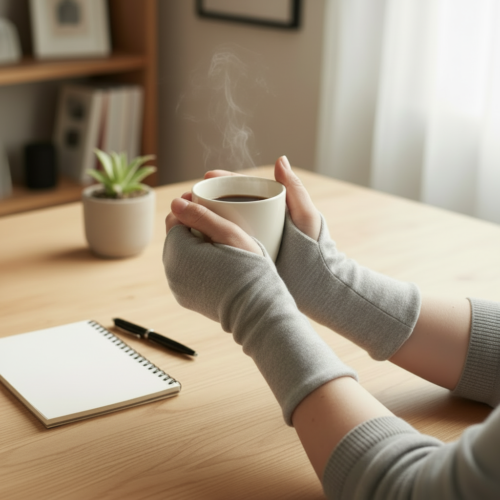 Vaaleanharmaat merinovillaiset ranteenlämmittimet kirjoittamisen aikana, joustava ja hengittävä merinoneulos. Damaski, merinovilla.
