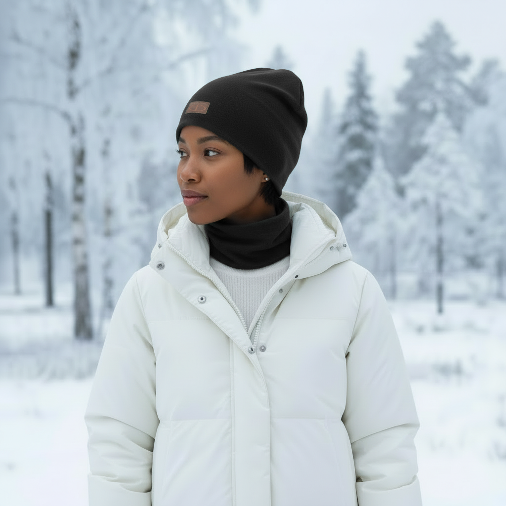 Musta merinovillainen tuubihuivi mallin kaulassa lumisessa ulkokuvassa. Damaski, merinovilla.
