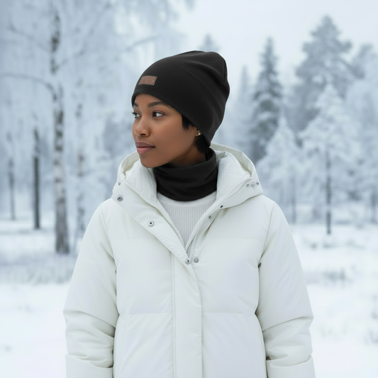 Musta merinovillainen tuubihuivi mallin kaulassa lumisessa ulkokuvassa. Damaski, merinovilla.
