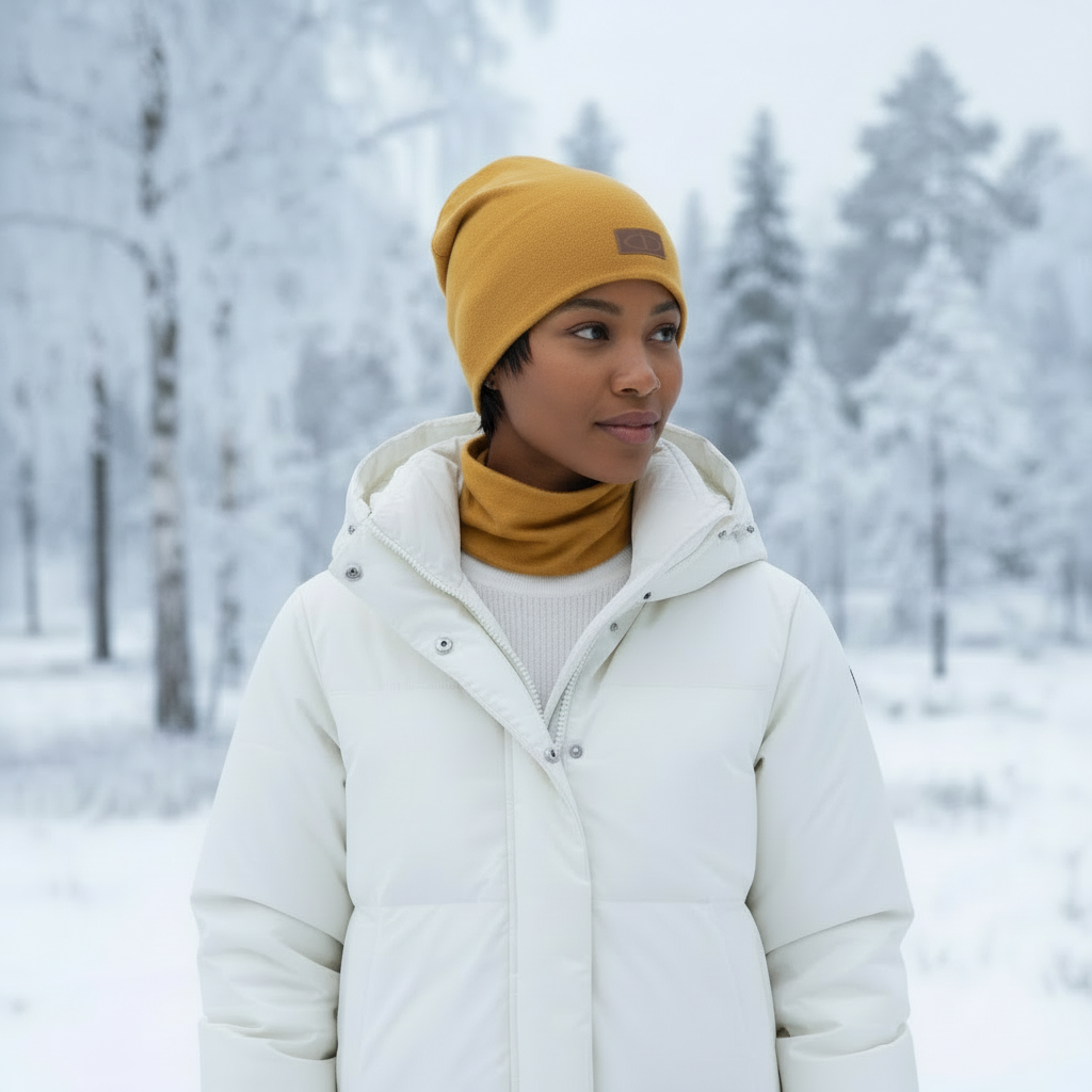 Okrankeltainen merinovillainen tuubihuivi mallin kaulassa talvisessa maisemassa. Damaski, kotimainen.
